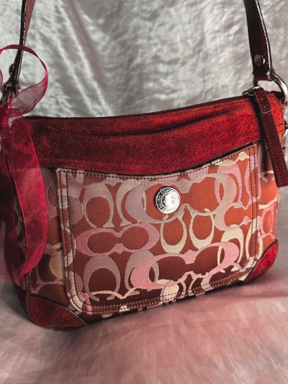 Vintage Y2K Coach Signature Burgundy Optic Suede Shoulder Bag